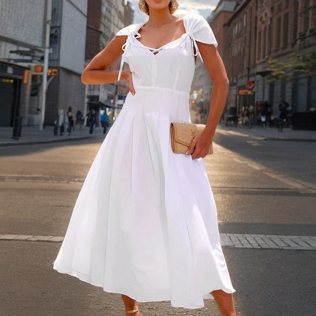 Женская мода элегантный темперамент V-образный вырез галстук А-силуэт однотонные платья