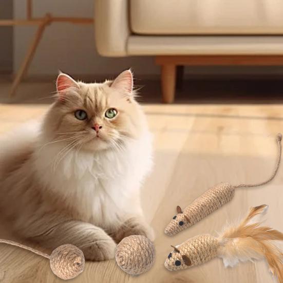 4Pcs Cat Rope Toys Interactive Hemp Rope Balls Mouse Set Bite-Resistant Sisal False Mouse Cat Toy Self-Playing Cat Toy