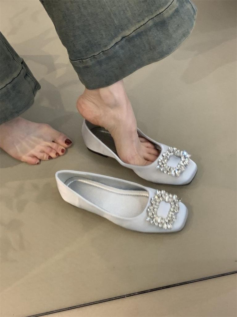 Нежные одинарные туфли новый темперамент квадратная пряжка стразы неглубокий вырез плоская подошва для работы плавающие туфли