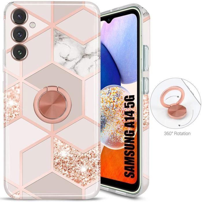 Coque de Protection - BOOLING - Samsung Galaxy A14 4G/5G - Silicone - Rose Marbre - Anneau Rotatif 360°