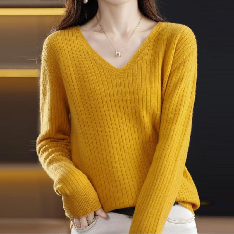 Slim Fit Женские пуловеры свитера топы осень и зима новый V-образный вырез вязаный свитер длинный рукав однотонный трикотаж одежда 28502