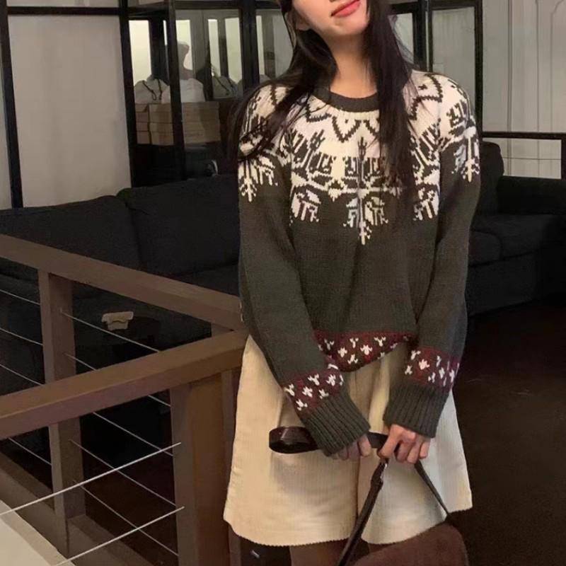 2025 Autumn/Winter Korean Style Soft Jacquard Loose Knit Pullover Sweater for Women