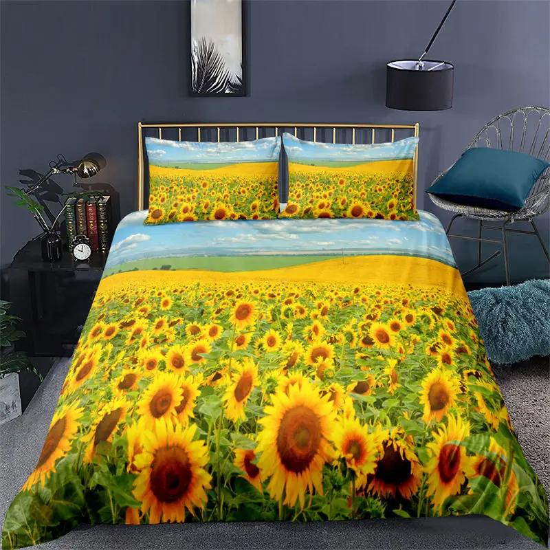 Sunflower Bedding Set Modern Microfiber Yellow Flowers Print Duvet Cover Alluring Sunflowers Summer Inspired Design Quilt Cover