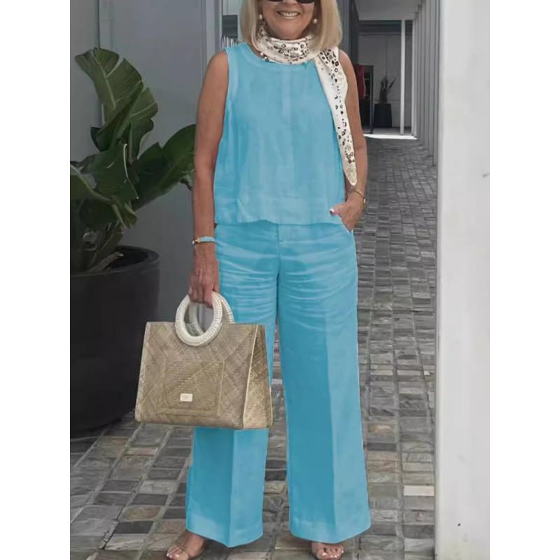 Women's Summer Fashion Simple Sleeveless Top Loose Wide Leg Pants Cotton Linen Set Suits & Sets Women’s