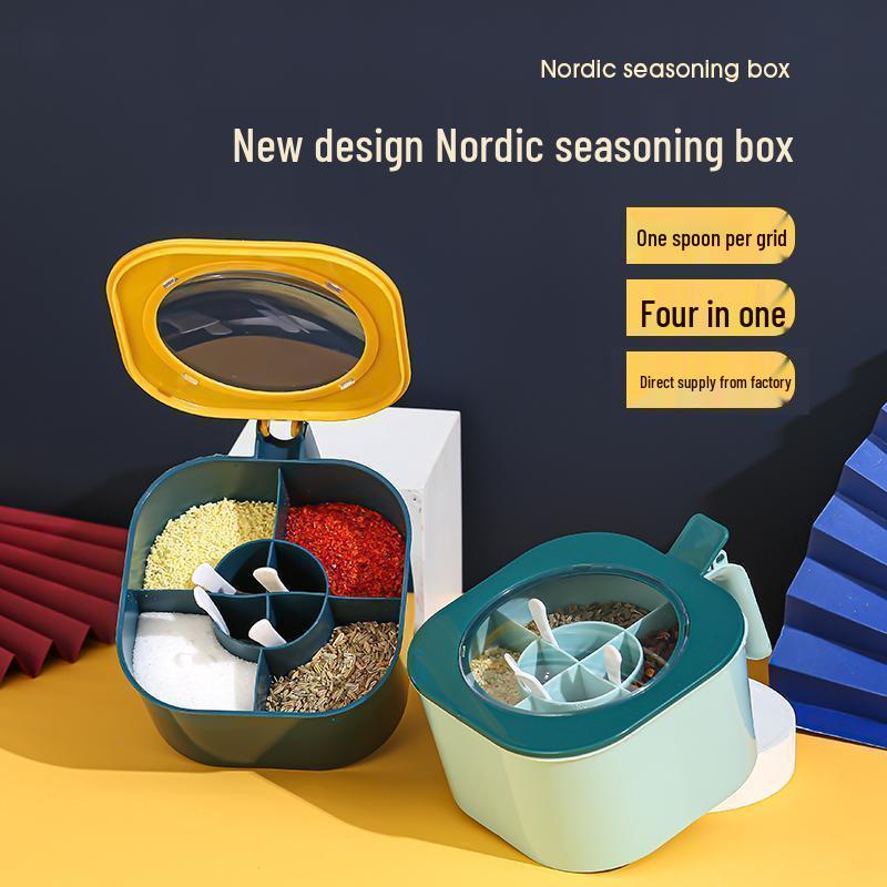 Четырехсекционная кухонная емкость для приправ с крышкой: Многофункциональное хранение для соли, сахара, глутамата натрия