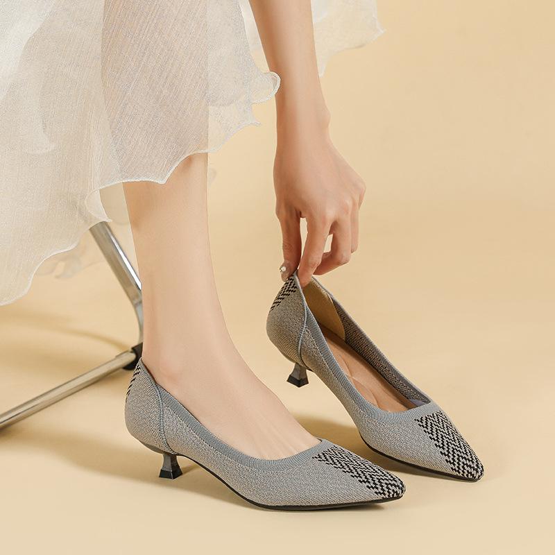 Женские туфли-лодочки на каблуке-рюмочке с острым носком, вязаные, без застежек, складные, удобные, повседневные, формальные, нарядные туфли на низком каблуке, для ходьбы, для офиса, для женщин