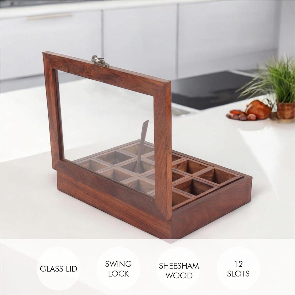 Деревянная коробка для специй с 12 контейнерами и ложкой, контейнер для специй для кухни, масала дабба, намакдани для кухни, деревянная коробка для масалы