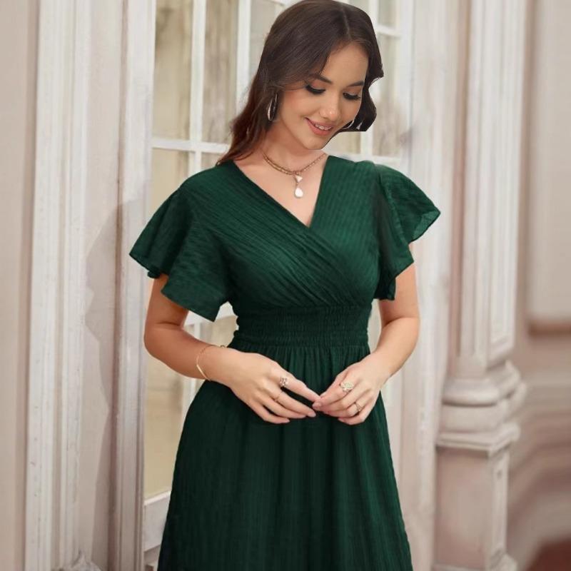 Women's Fashion Dark Print Embossed Cross Collar Ruffled Sleeves Range Waist Multi-layer Hem Dress