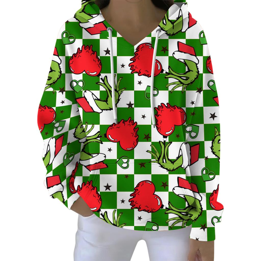 Ladies' Loose And Comfortable Drawstring V-neck Long Sleeved Christmas Printed Sweatshirt