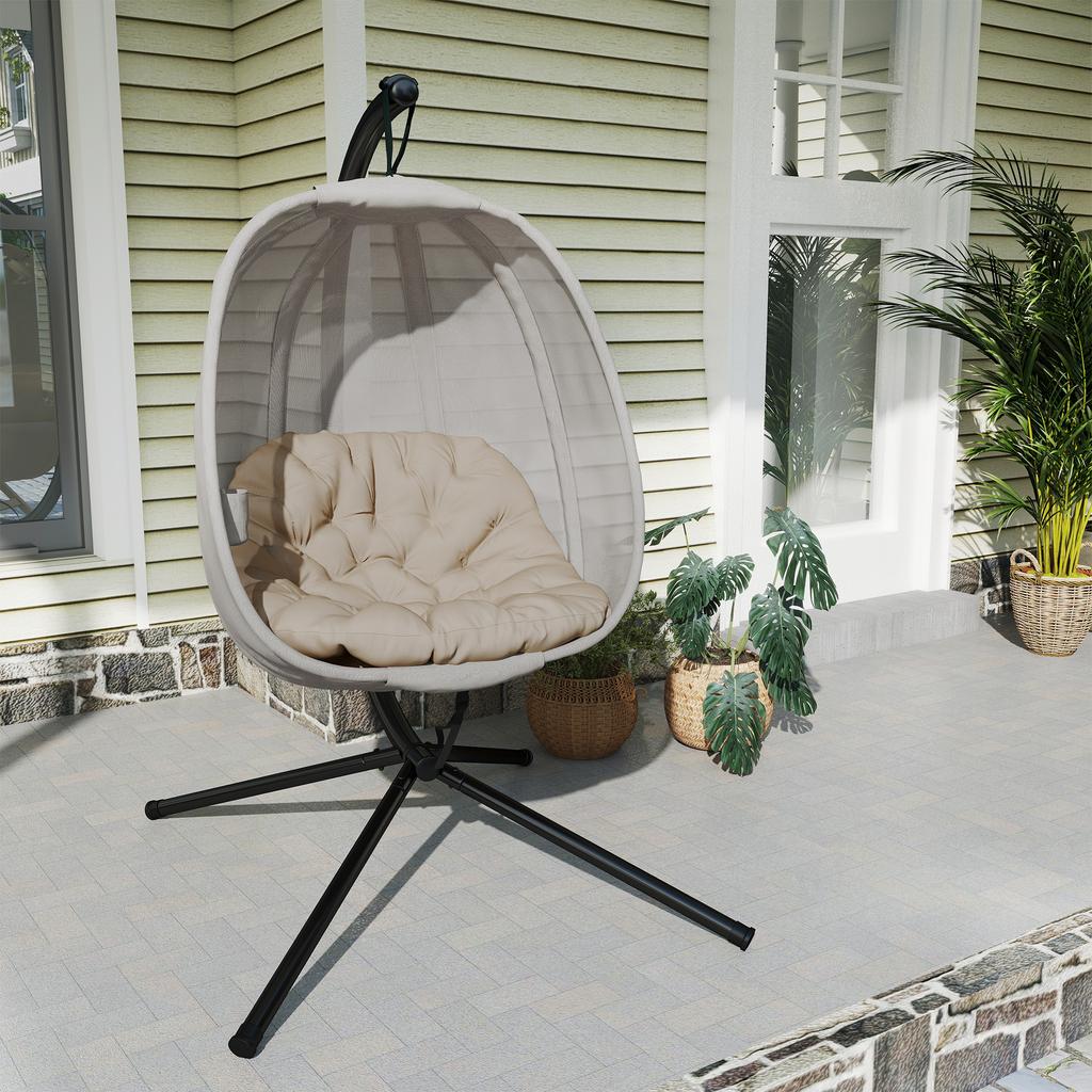 Hanging Egg Chair, Folding Texteline Swing Hammock with Side Pocket, Cushion and Stand for Indoor Outdoor, Patio Garden Furniture, Khaki