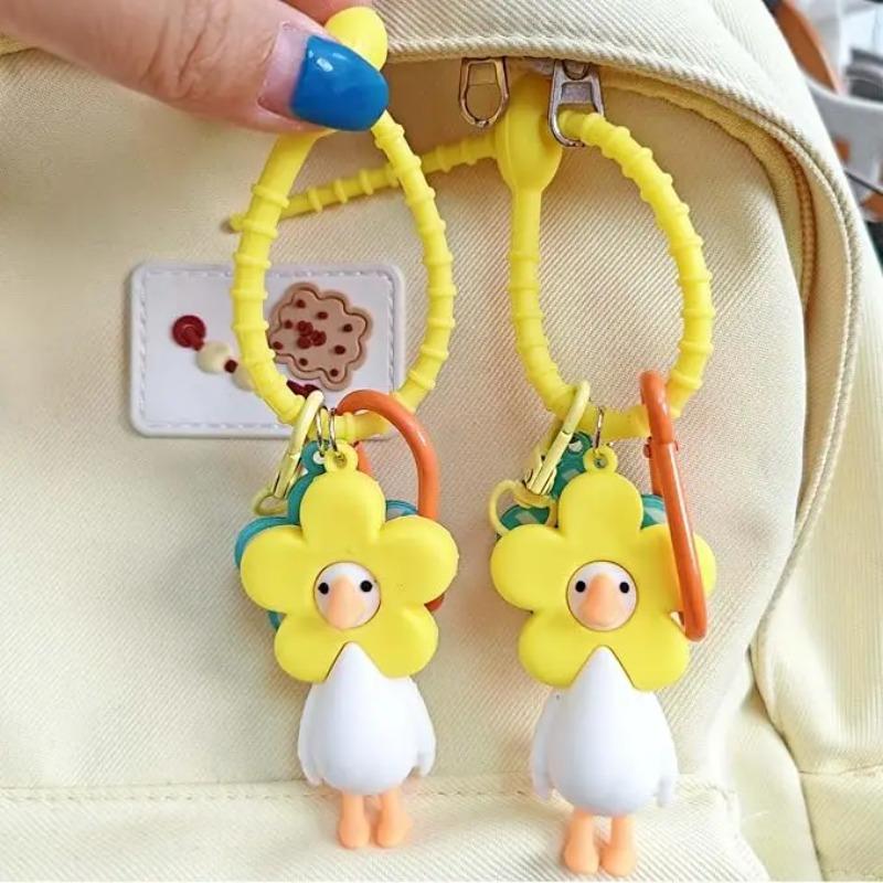 Cute White Duck With Flower Head Keychain PVC Cartoon Bag Pendant Aesthetic Key Ring Decor Backpack Accessories For Teen Girls