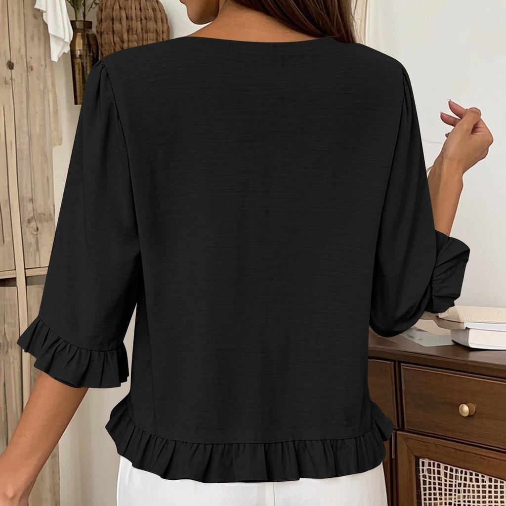 Women's Short-sleeved Round-neck Solid Color Tops Loose European And American Lace Sleeves Shirt