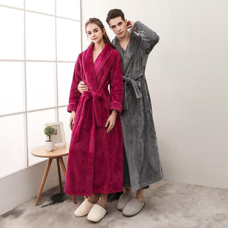 Plus Size Men's Autumn Winter Bathrobe Couple's Thickened Long Robe Solid Waist-tie Loungewear with Pockets