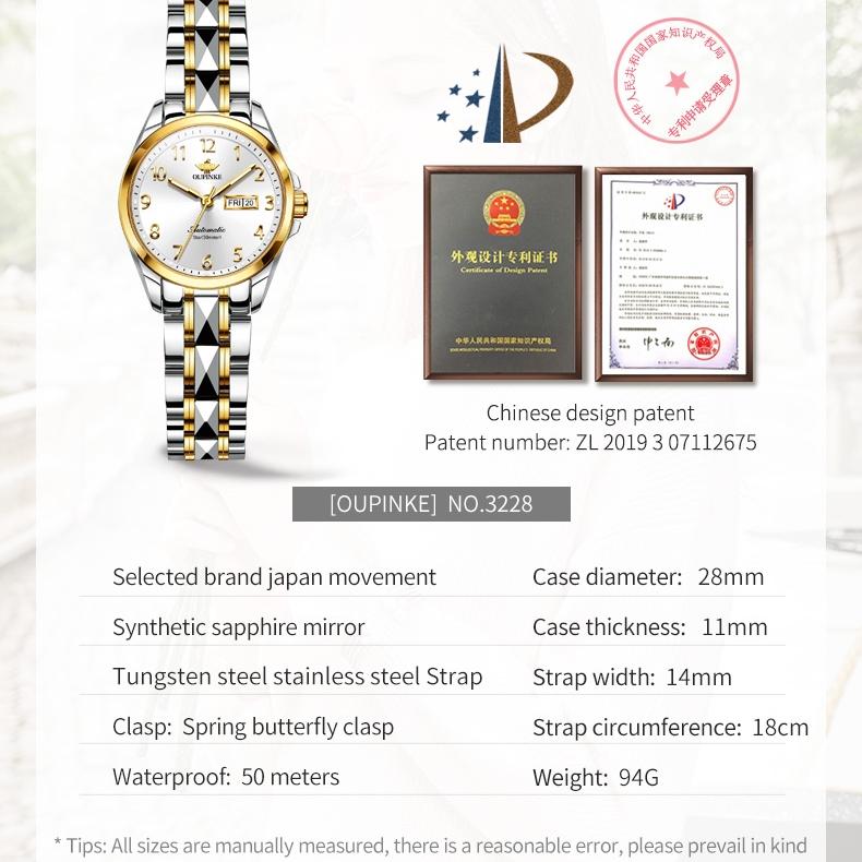 OUPINKE Часы автоматические механические часы стальные модные водонепроницаемые женские часы с двойным календарем женские часы