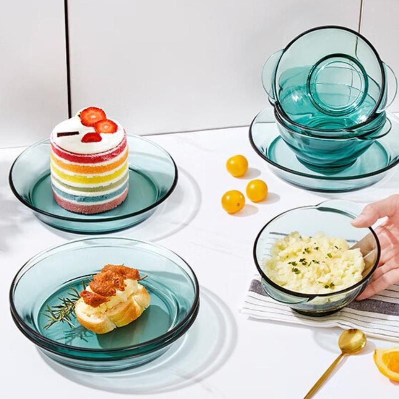 PIGE HOME High Borosilicate Glass Tableware Emerald Green Light Luxury Salad Bowl Dinner Plates Heat-resistant Glass Water Cups