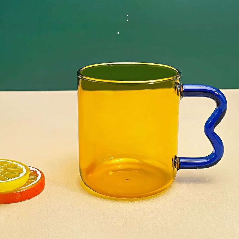 Colored Glass Cup with Wave Handle Coffee Breakfast Cup Large Capacity Milk Cup Microwaveable Cross-border