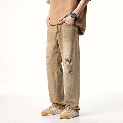 Прямой крой Тонкие Летние Весенние Джинсовые брюки с микро-порезами Мотылькового желтого цвета Широкие