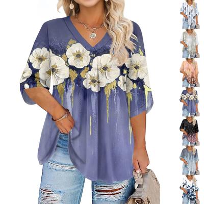 Женская модная блузка большого размера с принтом, V-образным вырезом и рукавом три четверти
