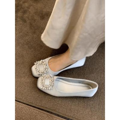 Туфли Мэри Джейн с квадратной пряжкой и атласными стразами на весну и осень, туфли-бабушки с квадратной головкой, одинарные туфли, женские шапочки на плоской подошве, женские туфли