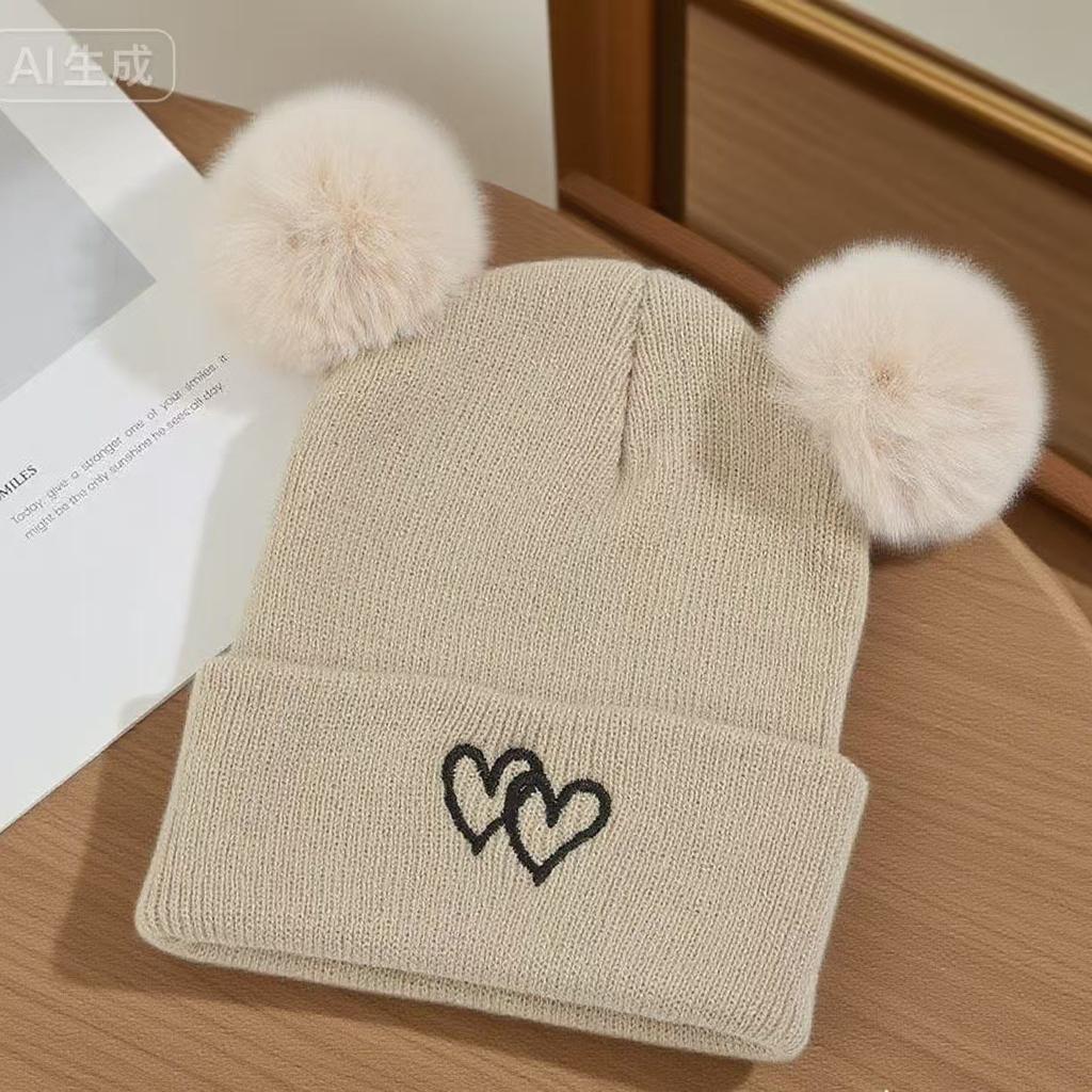 Baby wool hat cute double love embroidery hairball knitted hat baby comfortable skin-friendly warm ear hat