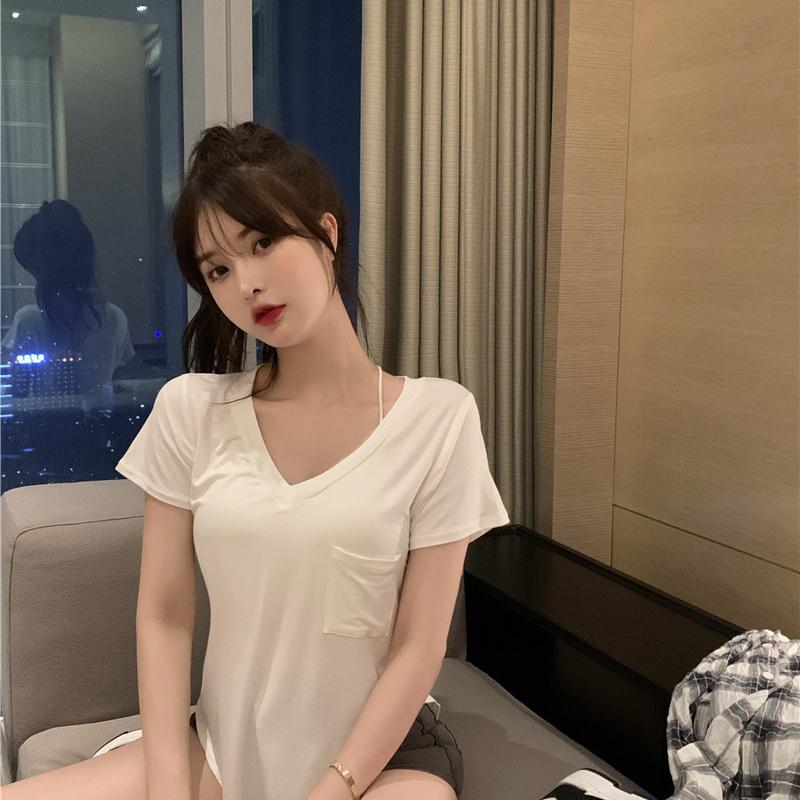 Women Spring Summer Solid Color Short Sleeve T-shirt V-Neck Pocket Slim Irregular Blouses Pullover Base Top M-XXL