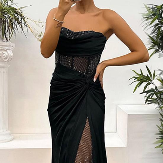 Lady Evening Dress Bandeau Off Shoulder Sleeveless Pleated Knot Mesh Patchwork Shiny Sequin Ball Gown Satin Floor Length Banquet Prom Maxi Dress