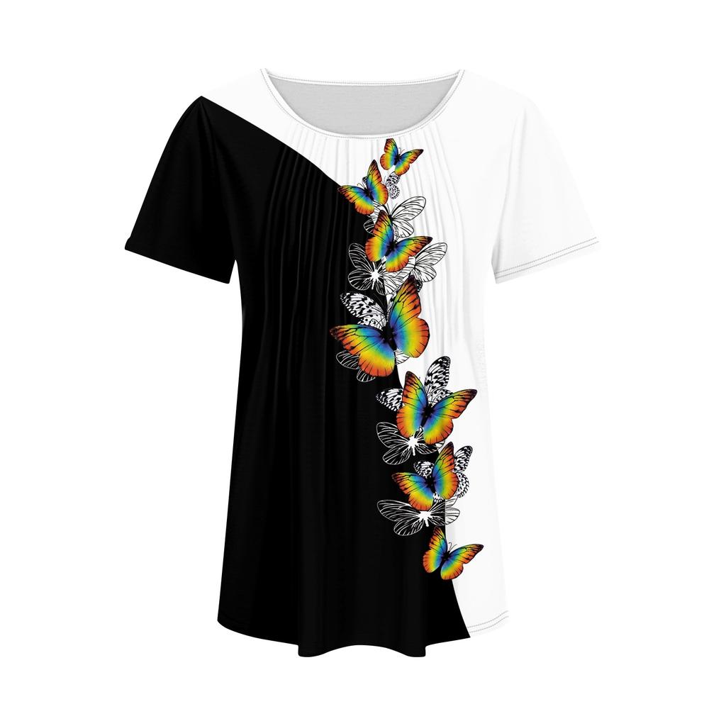 Женская модная повседневная плиссированная футболка с короткими рукавами и круглым вырезом с принтом