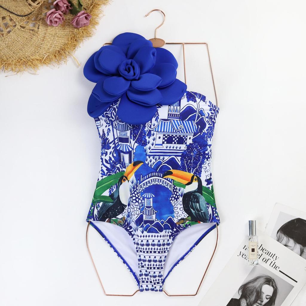 2024 New Sexy 3D Flower One Shoulder Swimsuit and Skirt Women Bikini Set Printed Ruffle Bikinis Swimwear Brazilian Biquini Bathing Suit Summer