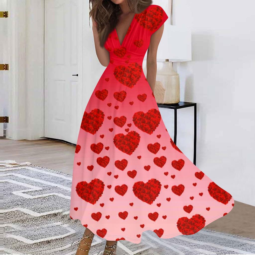 Женские модные повседневные плиссированные платья с V-образным вырезом и завязками на День святого Валентина с принтом