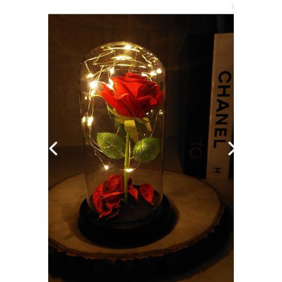 Фея привела освещенную неувядающую красную розовую лампу и подвеску с покрытием из розового золота в стеклянном куполе