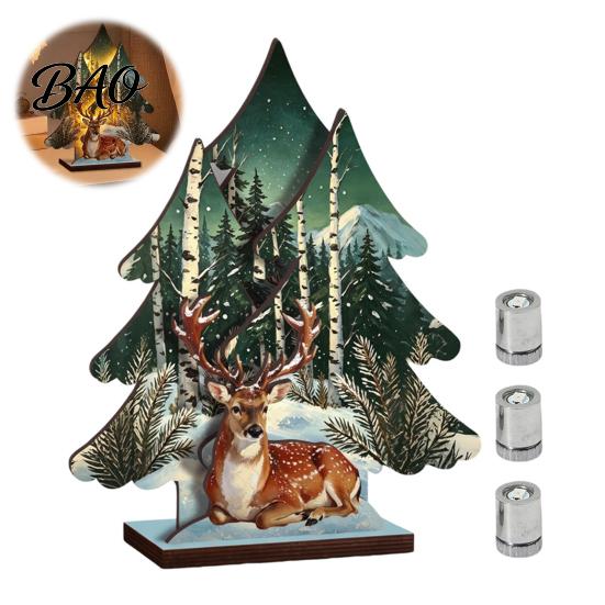 Festive Home Decoration Wooden Christmas Tree Table Decor with LED Light, Rustic Standing Sign Ornament Reindeer Santa Claus for Holiday Tiered Tray,