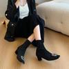 Fashion Luxury Rhinestone Square Head Slim Short Boots for Women Shoes Retro Matte Suede Black Elastic Med Thick Heeled Sock Boot