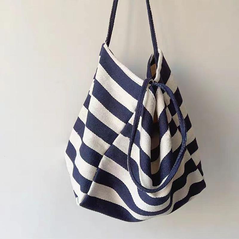 Casual Style Women’s Handbags New Fashion Large Capacity Striped Canvas Underarm Shoulder Bags Ladies Commuter Totes CLE