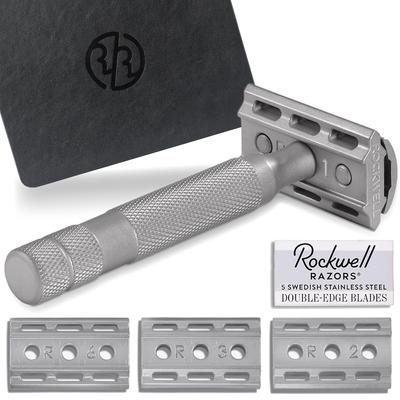 Бритва Rockwell Razors 6S в стальном регулируемом исполнении для чувствительной кожи, включает 5 сменных лезвий [Сделано в США] Полностью стальная бритва, 6 скоростей