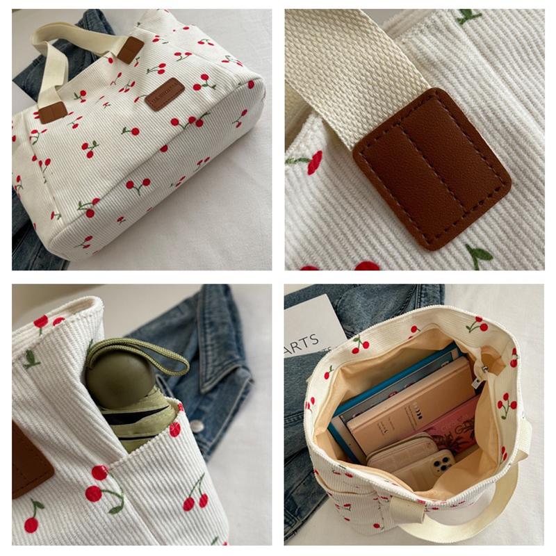 Вельветовая сумка-тоут Милая сумка с нашивкой в виде вишни для женщин Тканевая сумка-тоут большой вместимости Сумка на плечо Повседневные сумки под мышкой CLE