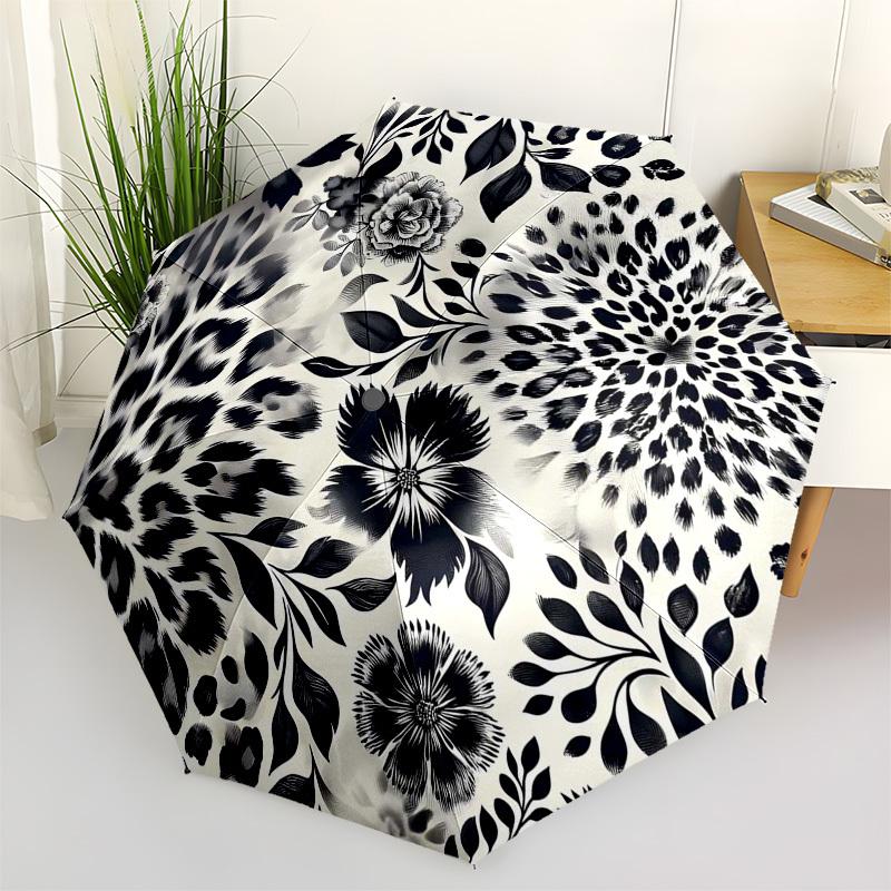 1pc Black and White Floral Pattern Umbrella with Plastic Handle,Suitable for All Seasons Umbrellaptys26006