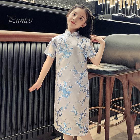 Платье Cheongsam для девочек, маленькое зимнее платье с цветочным рисунком и короткими рукавами, воротник-стойка на молнии, винтажное детское длинное платье миди Ципао в китайском стиле на Новый год, принцесса