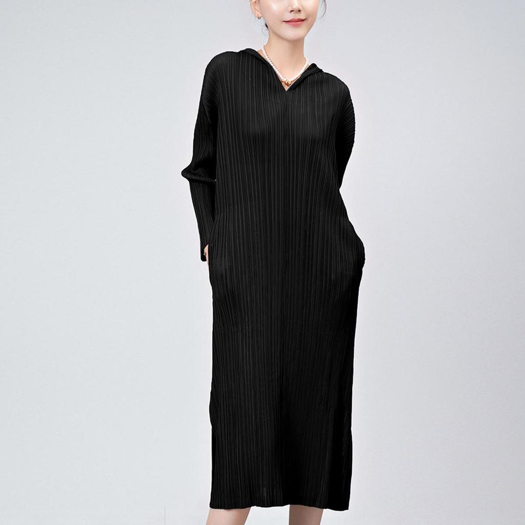 Женское летнее повседневное плиссированное платье-юбка с капюшоном, длинными рукавами, свободного кроя, больших размеров и высококлассным дизайном разреза средней длины.