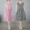 2025 Summer Floral Cotton-Silk A-Line Dress: Women's Short Sleeve, Loose Waist, Slimming Tie Mid-Length