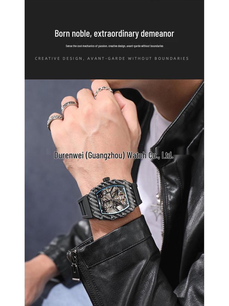 Мужские часы Durham Weida Tonneau Skeleton Tourbillon с автоподзаводом и резиновым ремешком.