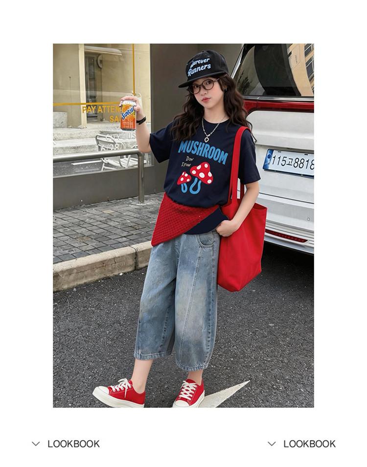 Girls' summer Korean casual short sleeved T-shirt set for girls, adults, middle school students, thin summer clothes, children's denim shorts