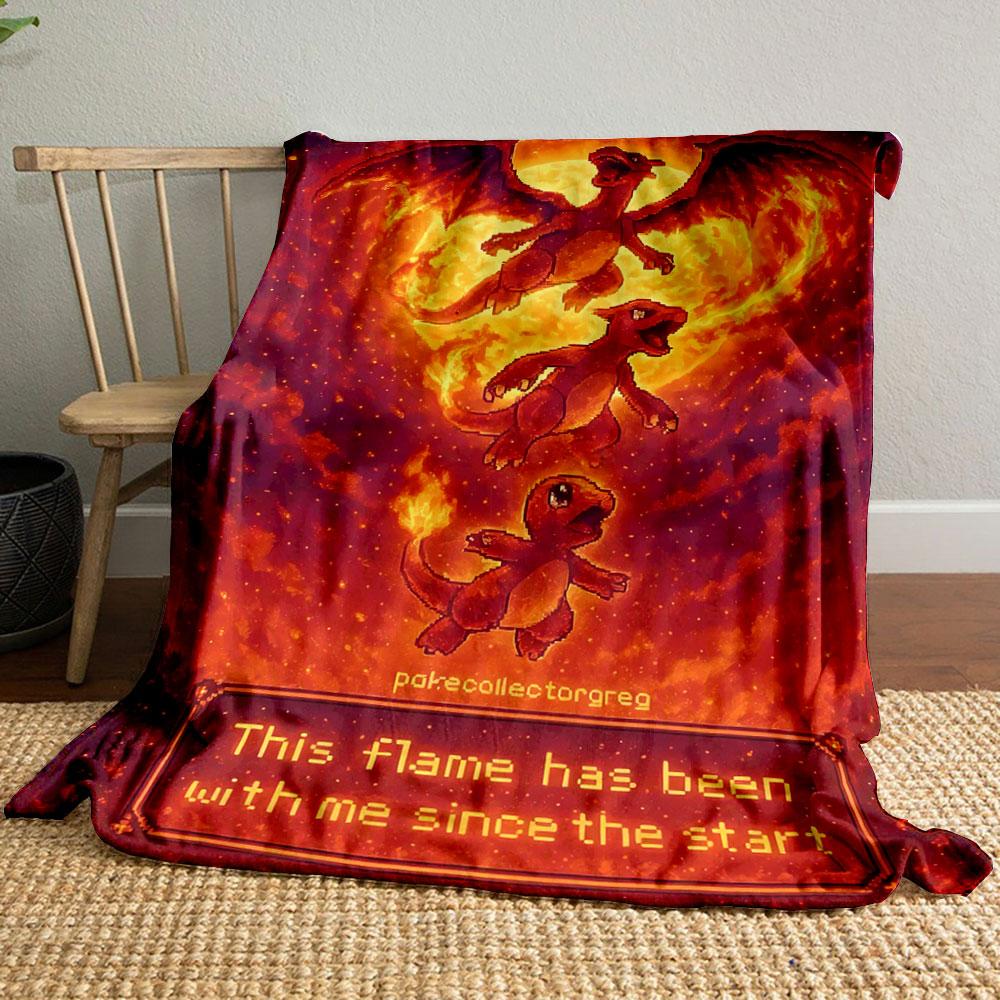 Fiery evolution sequence of Charmander to Charizard against molten flames. for all seasons blanket lunch break throw gift