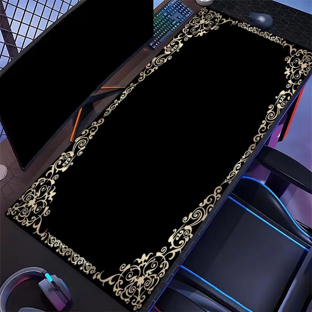 Black Vintage Floral Border Gaming Mouse Pad Non Slip Rubber Stitched Edge Keyboard Mat For Laptop Office Desktop Decor