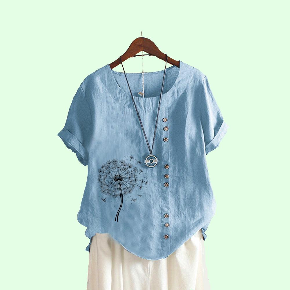 Women Fashion O Neck Blouse Summer Cotton Liene T-shirt Laides Pullover Loose Print Short Sleeve Top