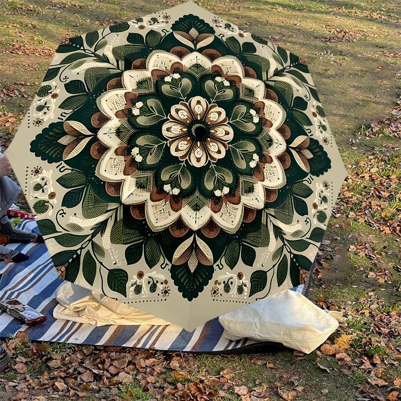 1pc mandala leaves Automatic Open/Close Umbrella with Windproof, 8-Rib Sturdy Canopy, Durable Ribs, Fashionable Design1154A