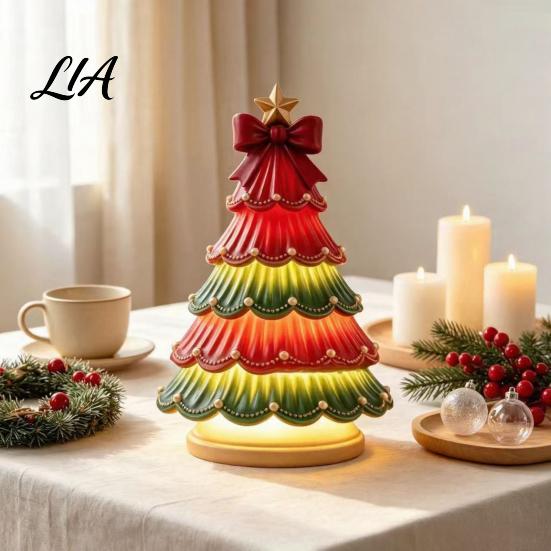 DIY Craft Art Ornament Lighted Christmas Tree Tabletop Decor, Resin LED Artificial Xmas Exquisite Holiday Party with Warm Glow, USB Powered