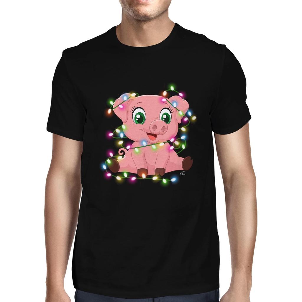 1Tee Mens Cute Christmas Pig with Christmas Tree Lights T-Shirt