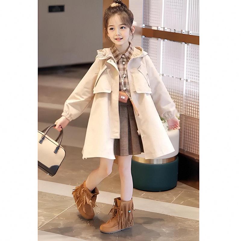 Девочки Плащ-тренч с капюшоном - Британский стиль Осень 2025, Повседневная верхняя одежда средней длины