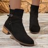 Large Size Round Head Square Heel Side Zipper Cigarette Boots Autumn New Metal Buckle Low Tube Women's Boots