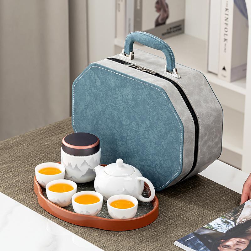 Guochao white porcelain ink landscape Xishi pot portable leather bag business travel tea set camping car express cup